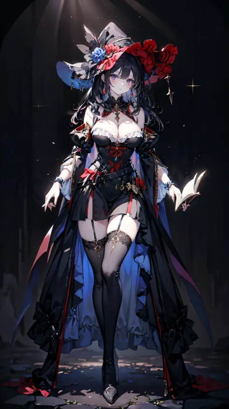 (masterpiece, best quality), High resolution, distinct image, (1girl), (solo), (female Focus), (fullbody), determined, showing bare back, rising hair, close up, witch, black gothic dress, detached sleeves, thigh boots, pale skin, (long black hair 1.4), (pu...