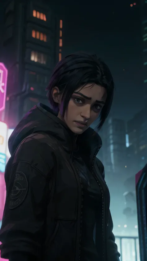 (Sofia Boutella: 0.8, buzzcut hair, black hoodie, resolute), dim lighting, cyberpunk background.