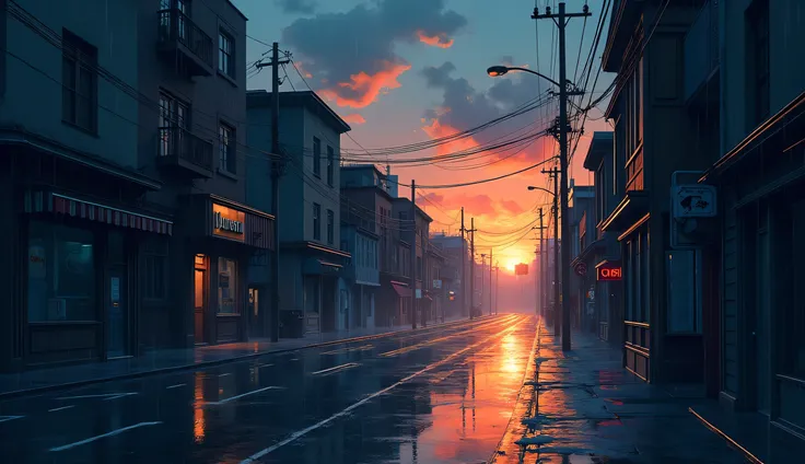 magical, sundown, sunset, lofi, illustration style, rainy, street, just object