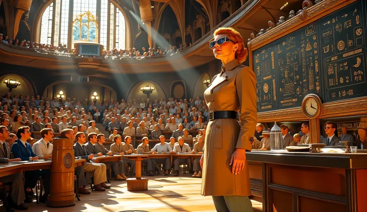 A grand lecture hall in 1956, filled with students. Dr. Evelyn Carter, a poised archaeologist in a classic beige trench coat, stands before an enormous chalkboard covered in ancient symbols. Sunlight filters through the tall, gothic-style windows, casting ...