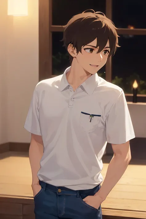 standing, (at night:1.5), (looking away:1.5), side angle, masterpiece, best quality, Japanese manga style, upper body, (25 year old male: 1.5) and (short brown hair) and (green eyes), break (white polo shirt) and (jeans) break (smile:1.2), happy, open mout...