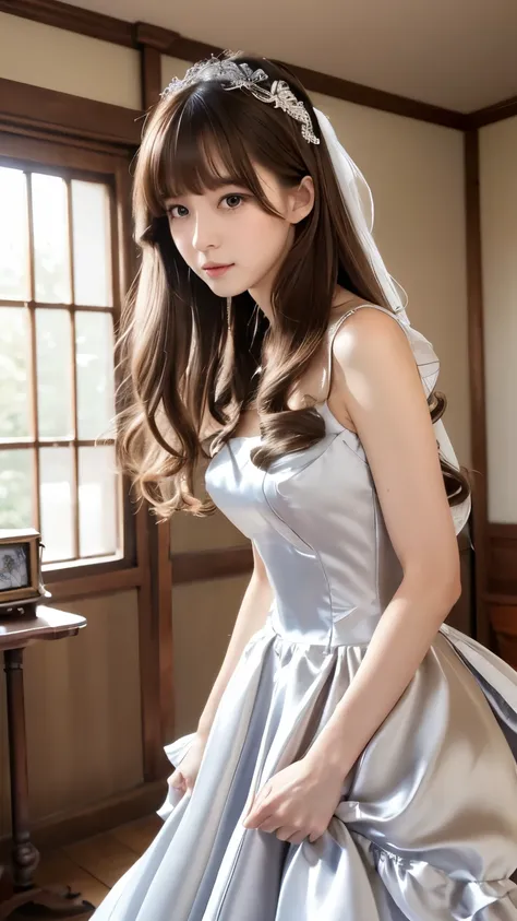 (((top quality))), (((masterpiece))), (((details))), tall, looking at camera, face-to-face, girly empire length wedding dress with silver gray shiny silk satin ruffle, hands thrust forward, Japanese, brown hair, long hair, gorgeous room,. Gorgeous ribbon h...