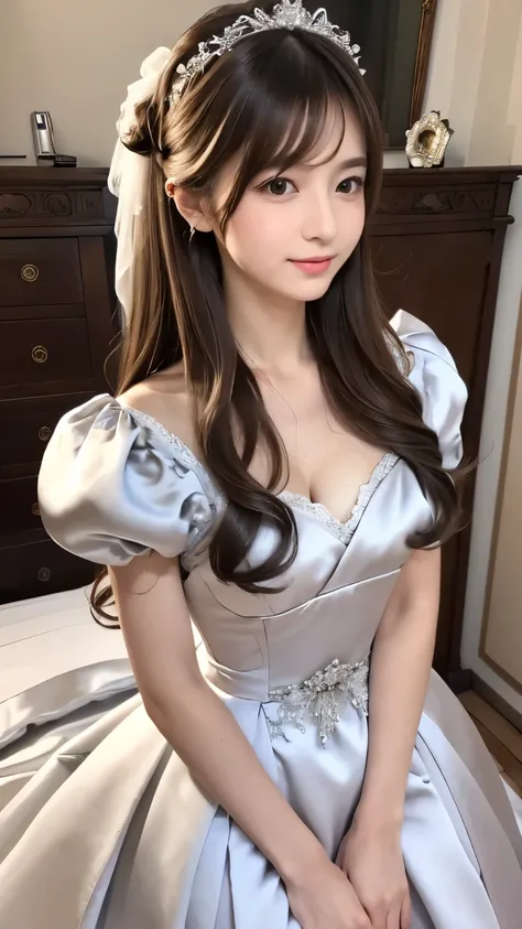 (((top quality))), (((masterpiece))), (((details))), tall, looking at camera, face-to-face, girly empire length wedding dress with silver gray shiny silk satin ruffle, hands thrust forward, Japanese, brown hair, long hair, gorgeous room,. Gorgeous ribbon h...