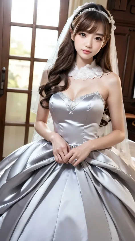 (((top quality))), (((masterpiece))), (((details))), tall, looking at camera, face-to-face, girly empire length wedding dress with silver gray shiny silk satin ruffle, hands thrust forward, Japanese, brown hair, long hair, gorgeous room,. Gorgeous ribbon h...