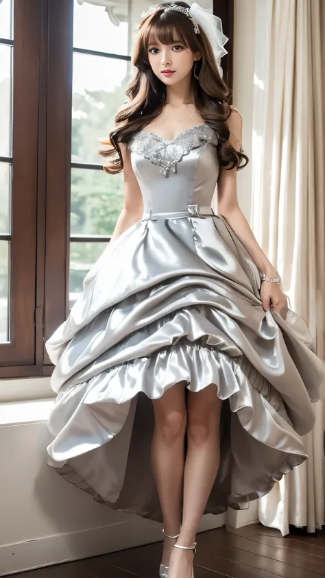 (((top quality))), (((masterpiece))), (((details))), tall, looking at camera, face-to-face, girly empire length wedding dress with silver gray shiny silk satin ruffle, hands thrust forward, Japanese, brown hair, long hair, gorgeous room,. Gorgeous ribbon h...