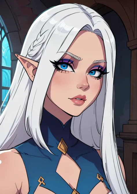 masterpiece, best quality, 1female, beautiful, face portrait, deep makeup, 1girl, face focus, makeup, white hair, eyeliner, exaggerated makeup, nyantcha, cell shading, elf, blue eyes, straight hair