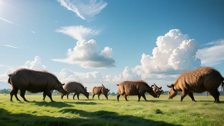 Hordes of wild boars ， Blue Sky and White Clouds ，Green grass，Light Sensitivity，Bright， outstanding masterpiece，Best quality