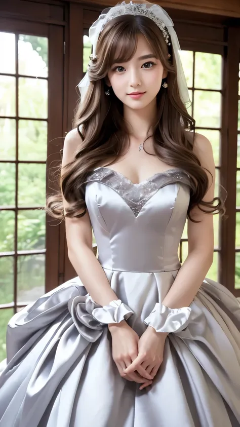 (((top quality))), (((masterpiece))), (((details))), tall, looking at camera, face-to-face, girly empire length wedding dress with silver gray shiny silk satin ruffle, hands thrust forward, Japanese, brown hair, long hair, gorgeous room,. Gorgeous ribbon h...