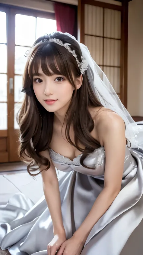 (((top quality))), (((masterpiece))), (((details))), tall, looking at camera, face-to-face, girly empire length wedding dress with silver gray shiny silk satin ruffle, hands thrust forward, Japanese, brown hair, long hair, gorgeous room,. Gorgeous ribbon h...