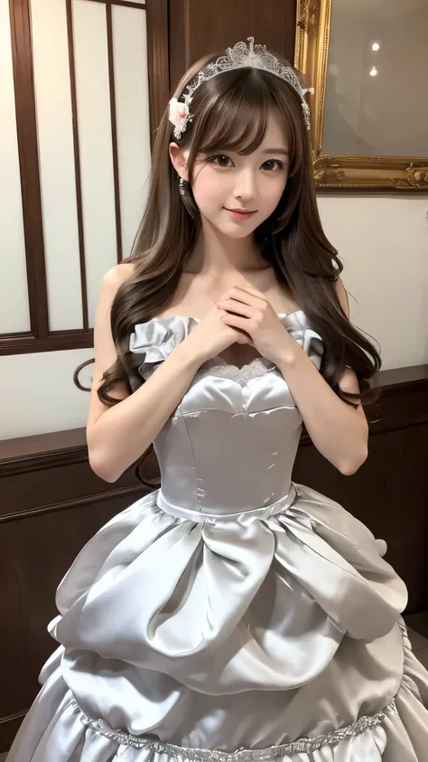 (((top quality))), (((masterpiece))), (((details))), tall, looking at camera, face-to-face, girly empire length wedding dress with silver gray shiny silk satin ruffle, hands thrust forward, Japanese, brown hair, long hair, gorgeous room,. Gorgeous ribbon h...