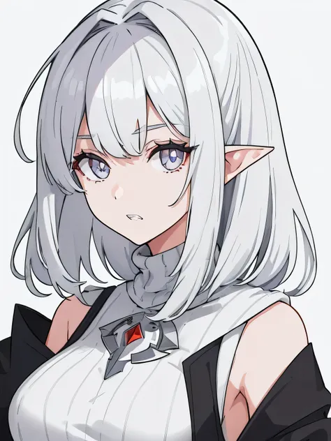 (One girl, silver medium hair, pointy ears, slanted eyes),  from the front, bangs, sleeveless, a plain sweater, Jagged teeth,breasts,  simple background, portrait, (masterpiece,) Super Detail, Attention to detail, high quality, most high quality, High reso...