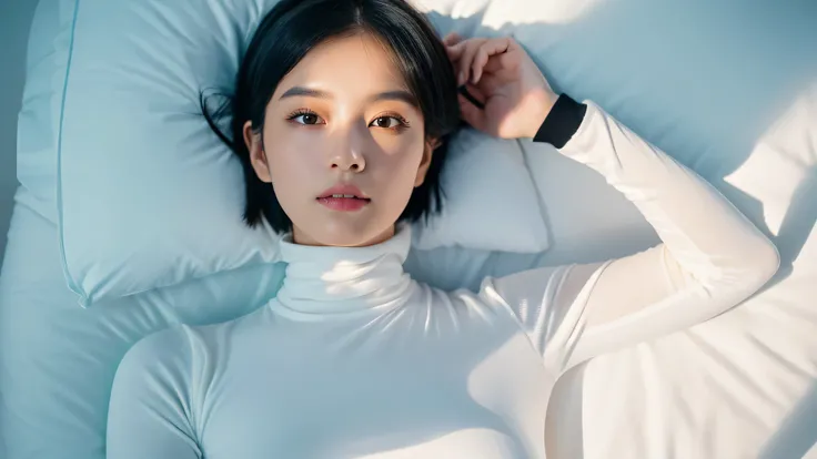 ((best quality, 8k, masterpiece:1.3)),sharp focus:1.2, 1girl ,((detailed face)), Beautiful lady with Perfect Figure, Vivid, white modern turtleneck,black hair,white background,breasts,bed,
