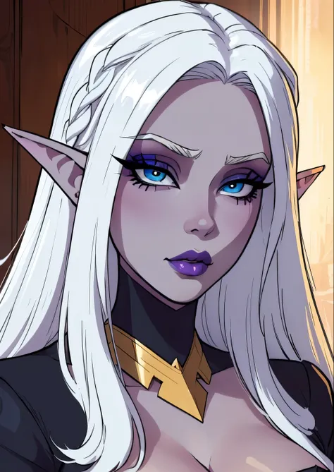 masterpiece, best quality, 1female, beautiful, face portrait, deep makeup, 1girl, face focus, makeup, white hair, eyeliner, exaggerated makeup, nyantcha, cell shading, elf, blue eyes, straight hair, serious, lipstick