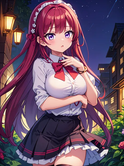 Highly detailed, high quality, masterpiece, beautiful, (all photo shooting), girl student girl, perfect eyes, purple eyes, clear eyes, blushing face, kissing, big thighs, medium breast, long hair, red hair, with bracelet in hand, bow in hair, flower headba...