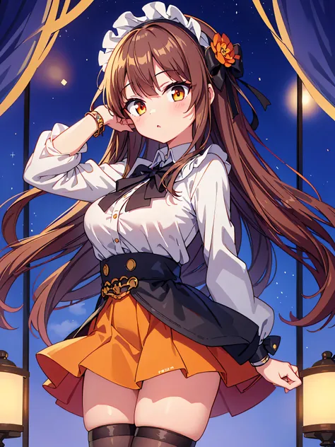 Highly detailed, high quality, masterpiece, beautiful, (all photo shooting), girl student girl, perfect eyes, orange eyes, clear eyes, blushing face, back showing tail, big thighs, medium breast, long hair, light brown hair, with bracelet in hand, bow in h...