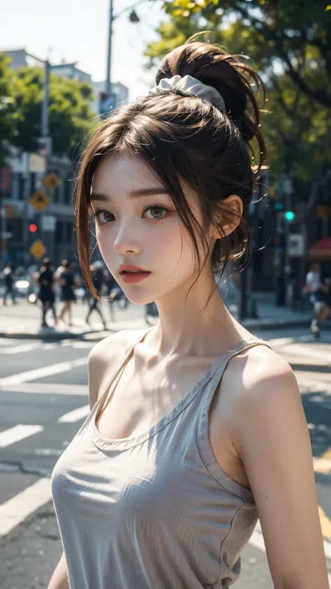 Ultra HD 4K,'s greatest masterpiece, street with lots of traffic, is a natural fit,(( ponytail and scrunchies ,Detailed Beautiful Skin ,22 years old, face focus:1.4)), looks like an adult,Mid-chest,((pure white sleeveless , slender body portrait)),