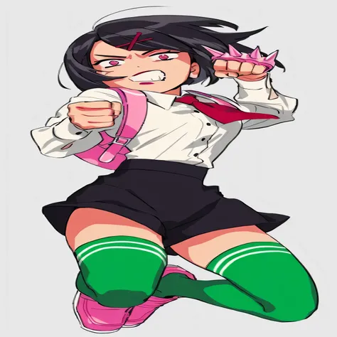 a woman in a school uniform is holding a pink bow, anime moe artstyle, fubuki, in anime style, rei hiroe, female action anime girl, in an anime style, yandere. tall, with index finger, anime pose, anime style character, fighting pose, anime character, rumi...