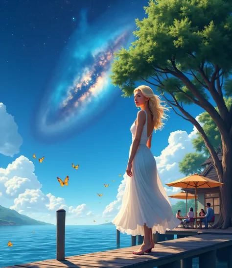 a beautiful blonde woman with long hair in a beautiful white dress standing to the side of a camera and standing at a ledge at the jetty behind a beautiful cafe with people sitting eating under a big tree looking out from an amazing galaxy in bright blue n...