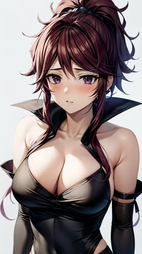 （ super quality next to each other, ultra high resolution,16k,super masterpiece,Ultra HD , detailed shading and background,）Upper body shot, sexy girl , long purple hair, ponytail, sexy black dress, cleavage, white long gloves, white knee socks,blush,Under...