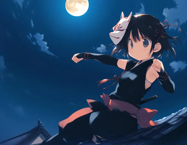 1girl, little female, ninja, fox mask, mask on head,night, moon, cloud,  rooftop, wind, jumping, game CG, break,(artist:mitsumi_misato),artist:fujiyama,artist:kokonoka,  break,(masterpiece), (best quality), (ultra-detailed),(Detailed Lighting), very aesthe...