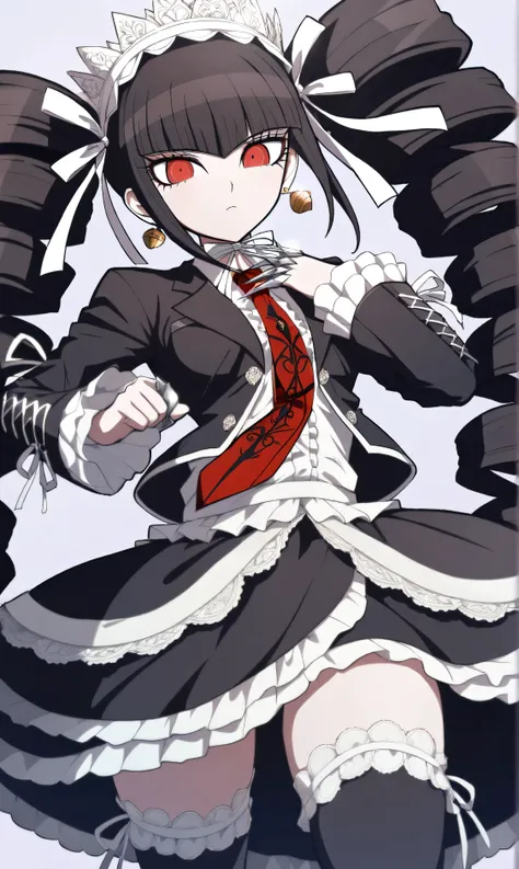 (masterpiece), best quality,1girl, danganronpa_celestia_ludenberg, official style, long_hair, claw_ring, solo, red_eyes, gothic_lolita, lolita_fashion, bonnet, card, thighhighs, black_hair, drill_hair, twin_drills, twintails, necktie, black_thighhighs, ear...