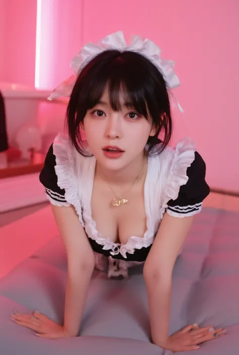 ((top quality)), ((masterpiece)), (Details),one Japanese girl, age 18,japanese idol face,droopy eyes,smile ,open mouth,look at me ,face shot,black tying hair, white skin ,french maid costume,ribbon accents,cleavage, small gold earrings,small gold necklace,...