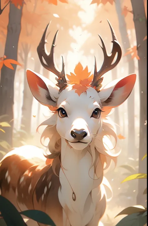 deer in the woods with leaves and trees in the background, beautiful autumn spirit, god of the forest, high detailed), beautiful art, by Yang J, by Ryan Yee, anthropomorphic deer, wlop |, forest spirit, beautiful painting of a tall, deer portrait, portrait...