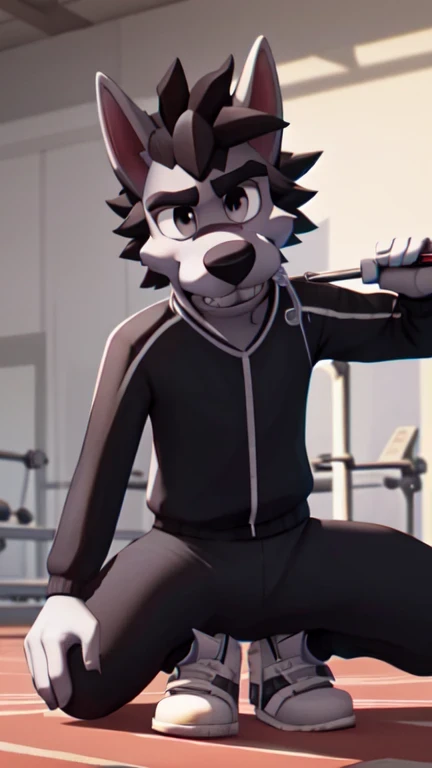 NupoGodineWWolf  , Male Wolf (  white shirt , black tracksuit  , cola, Teeth), ( Internal,  in a gym ), (  masterpiece:1.2), hires,   ultra high resolution , 8K,   high quality, (  sharp focus:1.2), clean, crunchy,   cinematic dust  , Wearing white sneaker...