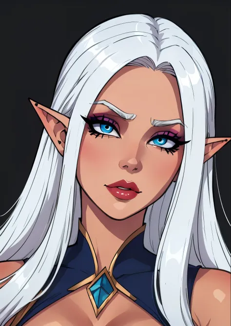 masterpiece, best quality, 1female, beautiful, face portrait, deep makeup, 1girl, face focus, makeup, white hair, eyeliner, exaggerated makeup, nyantcha, cell shading, elf, blue eyes, straight hair, lipstick, tanned skin, serious