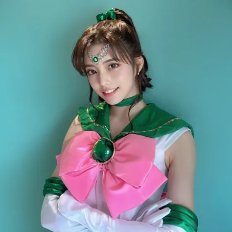  A woman in a costume is posing for a photo shoot,  Sailor Jupiter.  beautiful,  Sailor Moon, Paltena-sama , inspired  Sailor Moon, Sakihime-chan ,  advertising cosplay ,  Magical Girl Portrait ,  Yami cute ,   Sailor Moonスタイル, Sakihime-chan  frank franzze...