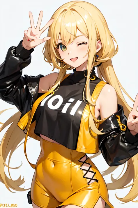 girl,peace sign,blonde,one eye closed,gal style clothing,posing for the camera,yellow clothes,twocolor