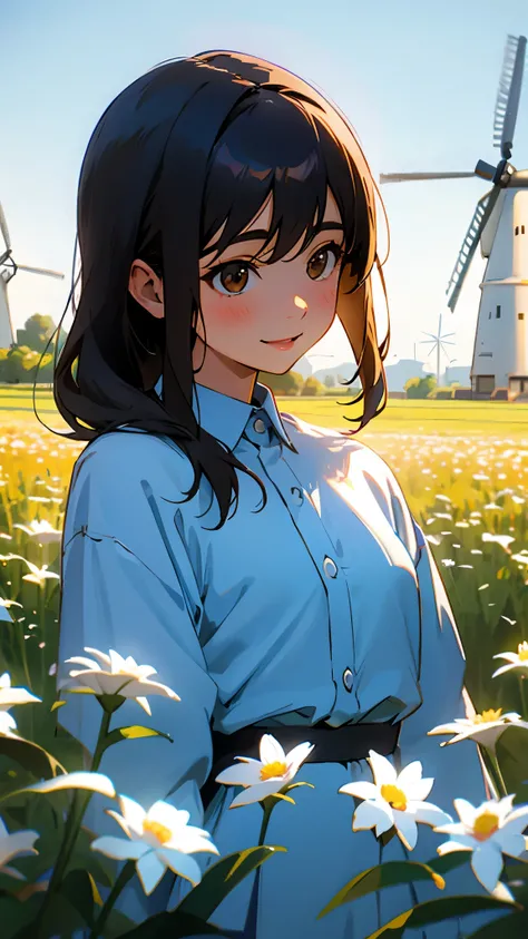  one woman、solo、 Hair、 summary hair 、 has bangs、 brown eyes、 cabin attendant masturbating indecently、Light blue clothes、smile、 small tits、 upper body close-up 、 flower field with windmills visible in the distance 