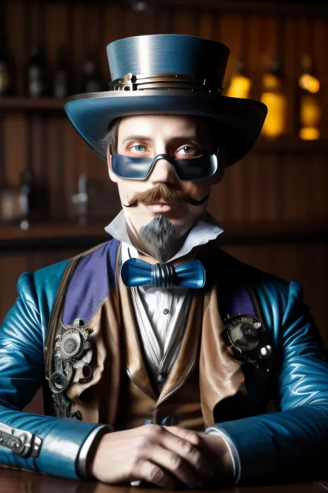 1man in steampunk attire sits at a futuristic bar, facial-hair, goatee, mustache, goggles top-hat long-jacket, cheshire-grin, blue-liquor, steam neon portrait side-angle