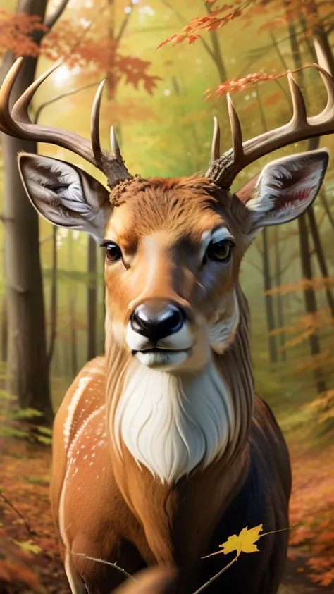 deer in the woods with leaves and trees in the background, a digital painting by Ryan Yee, Artstation contest winner, fantasy art, beautiful autumn spirit, god of the forest, high detailed), beautiful art, anthropomorphic deer, wlop |, forest spirit, beaut...