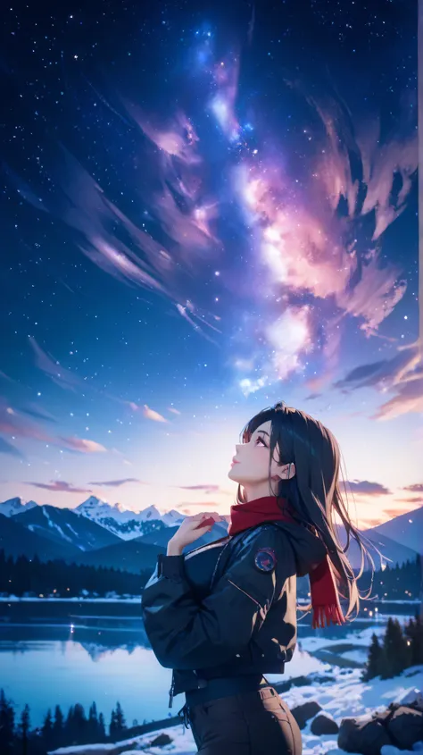  high image quality, HD, Age 18, beauty, beautiful face, cute, large breasts, beautiful breasts, beauty legs, black hair, long hair, shirt, outerwear, red scarf, shorts&black tights, rucksack, beautiful starry sky, midnight, cold air, beautiful hill, look ...