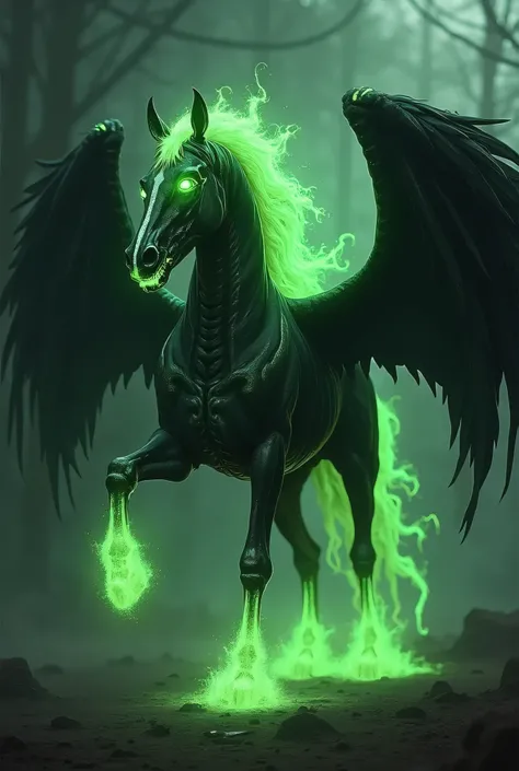 Impeccably and fiercely beautiful black spectral soul horse, his eyes shine with a strong green light, his mane and paws are a brilliant green fire, cadaveric aspect, undead, the bones of your body and face are exposed, dark black wings, equipped with moun...