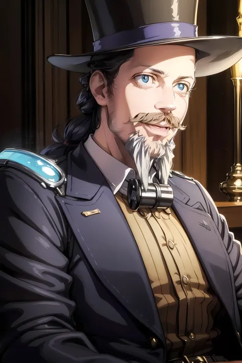 1man in steampunk attire sits at a futuristic bar, facial-hair, goatee, mustache, goggles top-hat long-jacket, cheshire-grin, blue-liquor, steam neon portrait side-angle