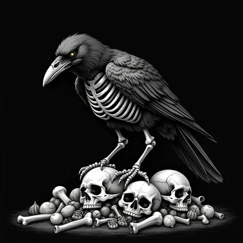 Black-and-white stylish design with high details, featuring a creepy crow. The crow's body is partially transparent so that the bone skeleton can be seen. The crow gits at human bones and stands on a pile of human bones and skulls. The deep black backgroun...