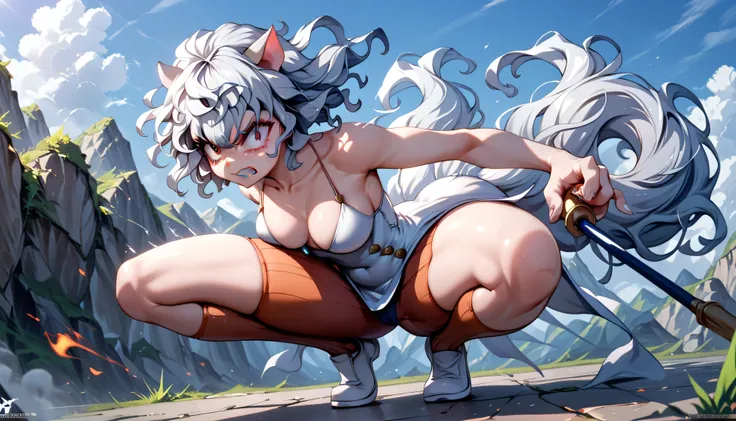 Neferpitou woman with medium breasts big ass, detailed face detailed body detailed eyes 4k angry expression full body 