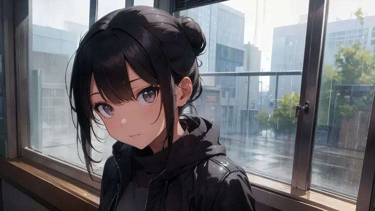 Best god quality,  rain in background, rain drops on the window, detailed, inside of school, rain outside, minimal lights, (((SOLO))), 1girl standing in middle, close up, popular girl, hair in bun, black hair, brown eyes, eyelashes, crop top, jacket, tight...