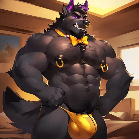 Solo, anthro, male (((demon, wolf, hybrid, purple eyes, black sclera, iris,  broad shoulders, muscular, huge pecs, abs, big nipples, black nipples, black body, dark grey fur, black fur, black hair, long snout, big fangs, chin hair, thick chin, hairy body, ...