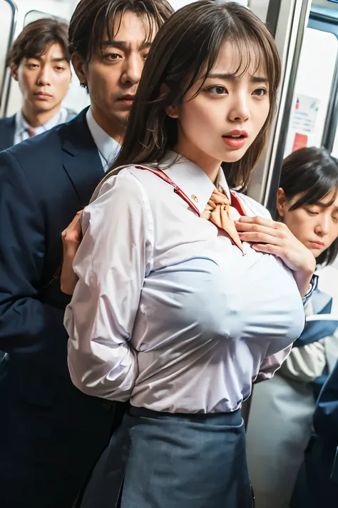 (Crazy behavior: 1.5), 女の子1 person, (  full body shot ), 1 person, (((Office Lady Being Molested: 1.5))), ( so beautiful), ( beautiful face: 1.5),  girl with her hands tied behind her back,  the girl is crying , (OL uniform: 1.2), (In a crowded Japanese tr...