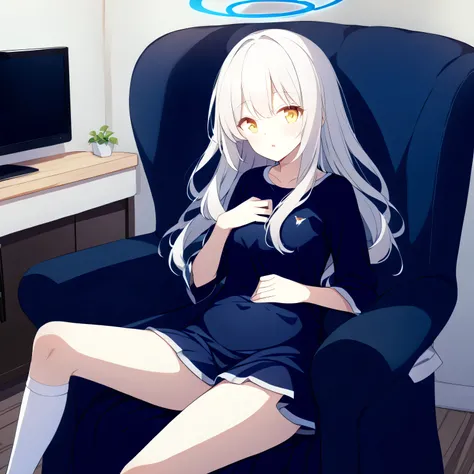 Only one girl ，White hair,   long hair,  （ and golden eyes :1.5), (  medium chest :1.2)，
 white socks，stocking，Long socks ，Show your knees， White Panties，underwear，belly button，The skin on the legs reveals ，Those who only wear pajamas，rest，  Seto Fuku,Low-...