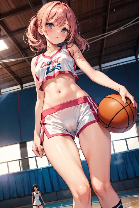 Sport girl, basketball player, white compression shorts, sports bra, bare belly, basketball court, thigh gap, from below,cameltoe