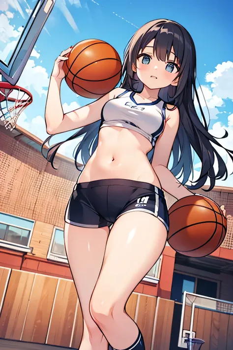 Sport girl, basketball player, white compression shorts, sports bra, bare belly, basketball court, thigh gap, from below,cameltoe