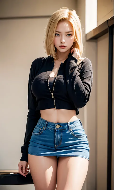   micro thong panties are trapped inside her. ,  ultra high definition, 16k, Professional photography, (드래곤볼 Z의  android 18 의 사실적인 사진)  big and skinny ,  lifting her skirt with her hands , serious expression, (( blue denim skirt with no underwear {x} She's...