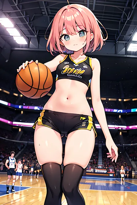 Sport girl, basketball player, Shiny material compression shorts, sports bra, bare belly, basketball court, thigh gap, from below,
