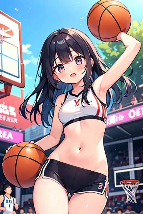 gloss skin,erotic girl,Sport girl, basketball player, pink Shiny material compression shorts, sports bra, bare belly, basketball court, thigh gap, from below,