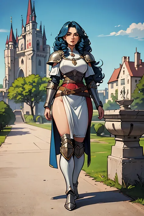 ((1girl, big hipps,)), ((1.55 meters tall, 25 yars old))((curly blue hair, long hair)), ((thin waist, beauty face)), ((wear white full body armor)), ((cartoon)), ((medieval castle)), accurate, 4K, highres, masterpiece,