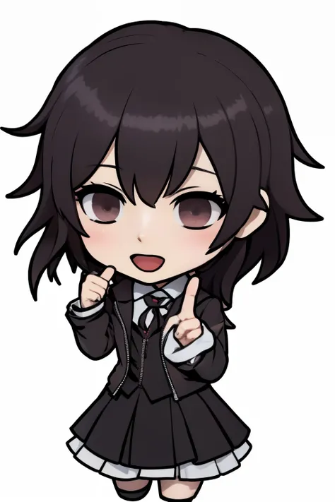 anime girl with a black hair and a black dress, visual novel sprite,  chibi, persona 5 phantom thief style, style as nendoroid, ;open mouth, Akane Owari Danganronpa, with index finger, 2d sprite, Nagito Komaeda, inspired by Okumura Togyu, gapmoe yandere